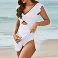thumbnail image 1 of Busydd Womens One Piece Swimsuits V Neck Cross Ruched Straps Bathing Suits Ruffle Sleeve Solid Color Monokini Swimdress High Waieted Tummy Control Swimsuits for Women, 1 of 9