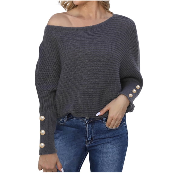 Busydd Womens One Shoulder Sweater Trendy Solid Color Long Sleeve Knit Sweater Casual Fashion Cable Fall Sweaters Blouse Tops Loose Oversized Pullover Sweaters for Women