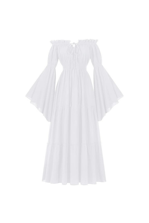 Womens Onepiece Collar Exposed Shoulder Leaf Edge Long Sleeved And Floor Length Skirt M