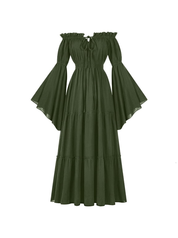 Womens Onepiece Collar Exposed Shoulder Leaf Edge Long Sleeved And Floor Length Skirt M
