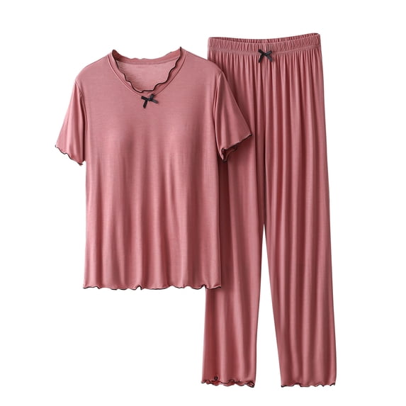 Busydd Womens Pajama Sets 2 Piece Solid Color Cotton Nightgowns for Women Casual V Neck Short Sleeve T-Shirts Tops and Elastic Waist Lounge Pants Summer Comfort Ruffle Sleepwear Outfits