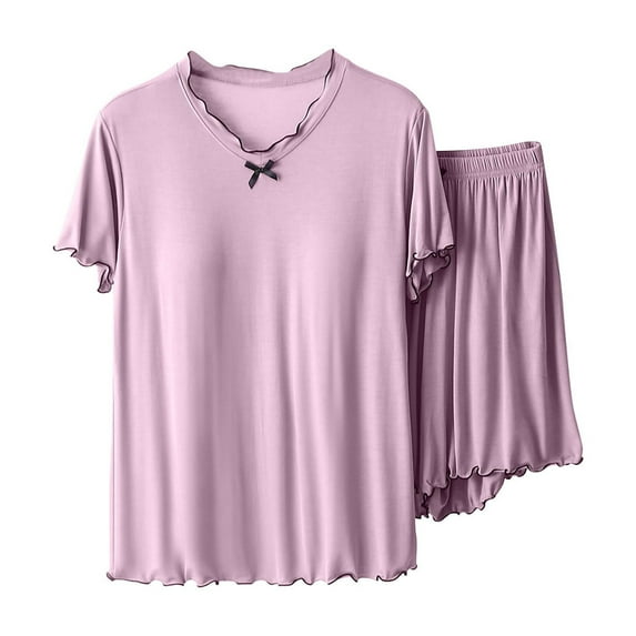 Busydd Womens Pajama Sets 2 Piece Solid Color Cotton Nightgowns for Women Casual V Neck Short Sleeve T-Shirts Tops and Elastic Waist Lounge Shorts Summer Comfort Ruffle Sleepwear Outfits