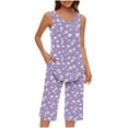 thumbnail image 1 of Busydd Womens Pajama Sets Fahion Boho Floral Pjs Sets for Women 2 Piece Lounge Set Casual Comfy Round Neck Sleeveless Pleated Camisole Tops and Knee Length Pants Loungewear with Pockets, 1 of 6