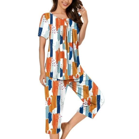 Busydd Womens Pajama Sets Fahion Floral Print Nightgowns for Women 2 Piece Sleepwear Set Summer Casual Round Neck Pleated Button Up Blouses Tops and Below Knee Length Pants with Pockets