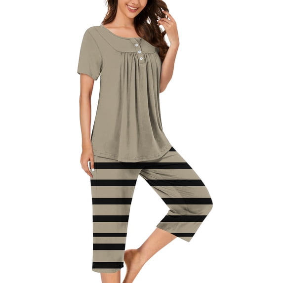 Busydd Womens Pajama Sets Fashion Loose Comfort Nightgowns for Women Casual Round Neck Solid Color Short Sleeve Pleated Button Up Tee Tops and Knee Length Striped Pants with Pockets