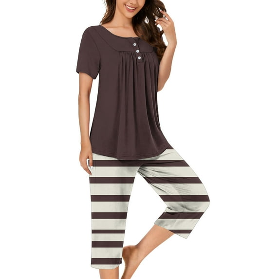 Busydd Womens Pajama Sets Fashion Loose Comfort Nightgowns for Women Casual Round Neck Solid Color Short Sleeve Pleated Button Up Tee Tops and Knee Length Striped Pants with Pockets