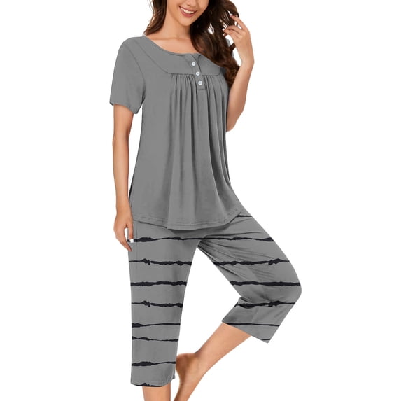 Busydd Womens Pajama Sets Fashion Loose Comfort Nightgowns for Women Casual Round Neck Solid Color Short Sleeve Pleated Button Up Tee Tops and Knee Length Striped Pants with Pockets