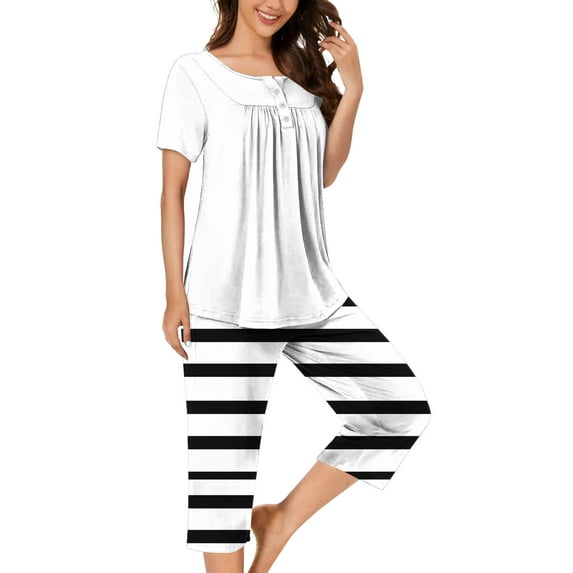 Busydd Womens Pajama Sets Fashion Loose Comfort Nightgowns for Women Casual Round Neck Solid Color Short Sleeve Pleated Button Up Tee Tops and Knee Length Striped Pants with Pockets
