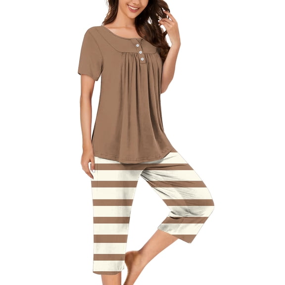 Busydd Womens Pajama Sets Fashion Loose Comfort Nightgowns for Women Casual Round Neck Solid Color Short Sleeve Pleated Button Up Tee Tops and Knee Length Striped Pants with Pockets