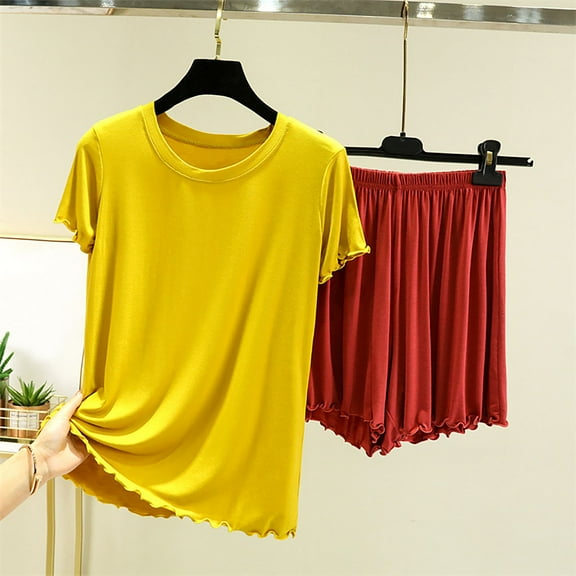 Busydd Womens Pajama Sets Round Neck Short Sleeve Tops and Shorts Two Piece Sets for Women Trendy Solid Color Loungewear Set Loose Casual Summer Outfits for Women