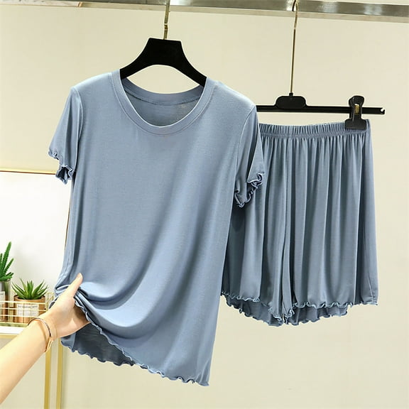 Busydd Womens Pajama Sets Round Neck Short Sleeve Tops and Shorts Two Piece Sets for Women Trendy Solid Color Loungewear Set Loose Casual Summer Outfits for Women