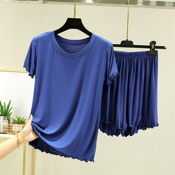 Busydd Womens Pajama Sets Round Neck Short Sleeve Tops and Shorts Two Piece Sets for Women Trendy Solid Color Loungewear Set Loose Casual Summer Outfits for Women