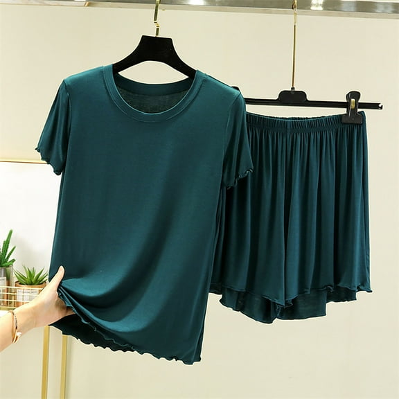 Busydd Womens Pajama Sets Round Neck Short Sleeve Tops and Shorts Two Piece Sets for Women Trendy Solid Color Loungewear Set Loose Casual Summer Outfits for Women