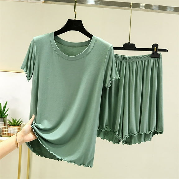 Busydd Womens Pajama Sets Round Neck Short Sleeve Tops and Shorts Two Piece Sets for Women Trendy Solid Color Loungewear Set Loose Casual Summer Outfits for Women