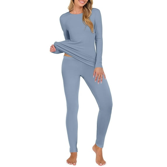 Busydd Womens Pajama Sets Solid Color Two Piece Womens Pjs Sets Casual Round Neck Long Sleeve Tops and Pants Thermal Underwear for Women 2XL