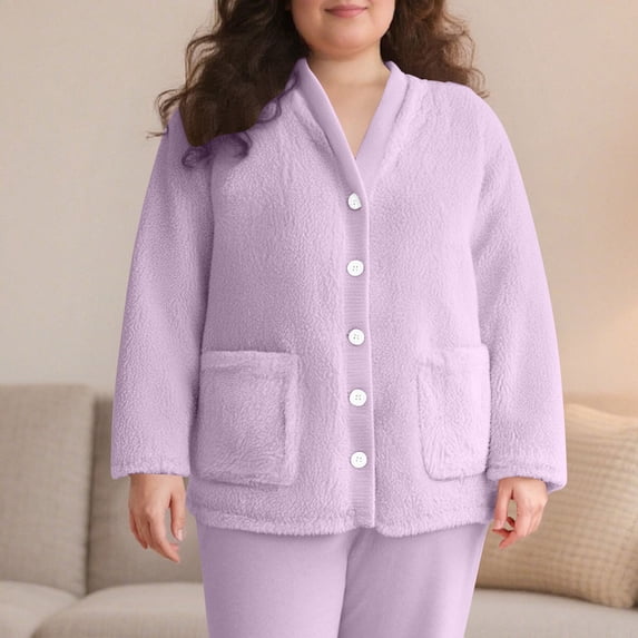 Busydd Womens Pajamas Tops Solid Color Warm Fleece Sleep Tops Winter Comfy V Neck Long Sleeve Tops for Women Thermal Button Womens Blouses with Pockets 3XL