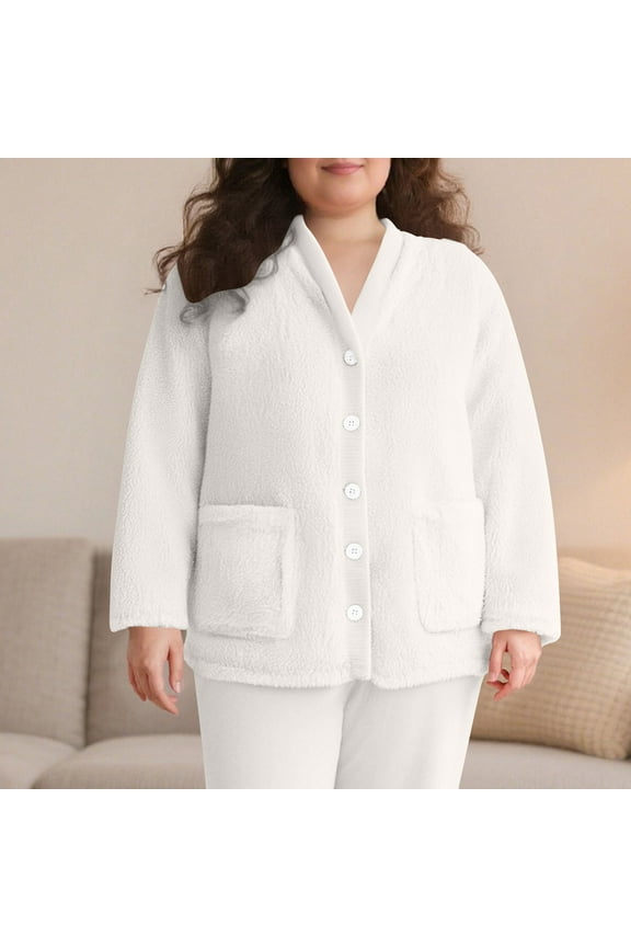 Womens Pajamas Tops Solid Color Warm Fleece Sleep Tops Winter Comfy V Neck Long Sleeve Tops for Women Thermal Button Womens Blouses with Pockets 3XL