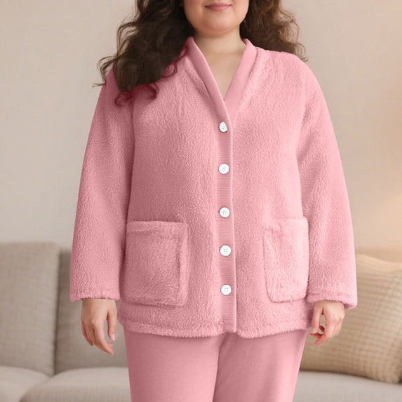 Busydd Womens Pajamas Tops Solid Color Warm Fleece Sleep Tops Winter Comfy V Neck Long Sleeve Tops for Women Thermal Button Womens Blouses with Pockets 3XL