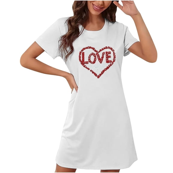 Busydd Womens Pajamas Valentines Day Gifts for Women Casual Midi Short Sleeve Round Neck Nightdress Trendy Love Heart Graphic Valentines Day Dress Nightgown