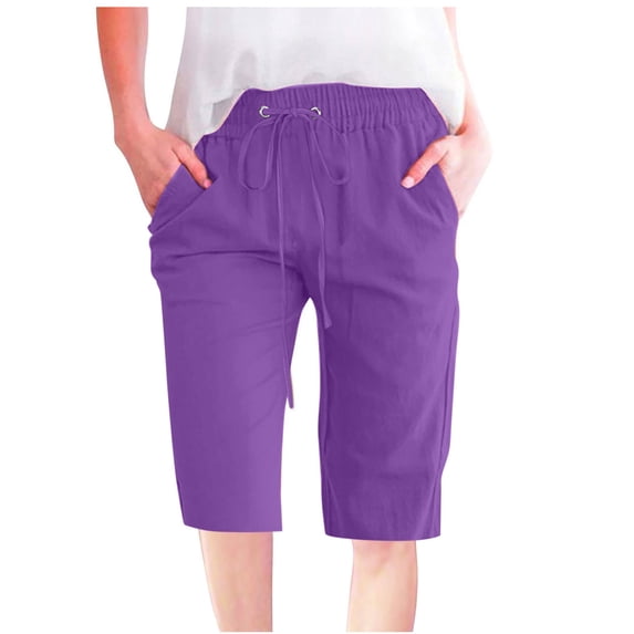 Busydd Womens Pants Fashion Solid Color Cotton Linen Pants Elastic Wasit Drawstring Trousers Loose Fit Knee Length Capri Pants Summer Casual Wide Leg Pants Comfy Baggy Cropped Pants with Pockets