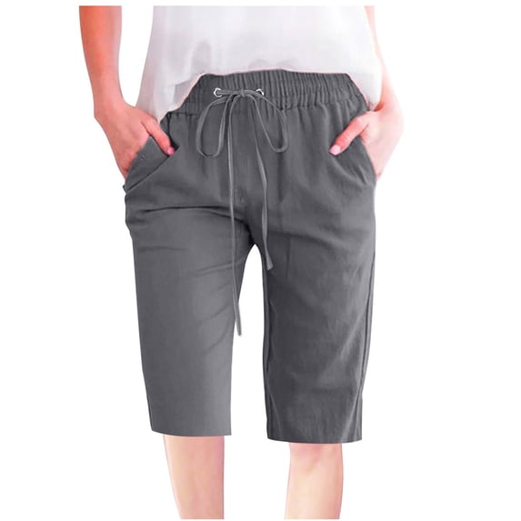 Busydd Womens Pants Fashion Solid Color Cotton Linen Pants Elastic Wasit Drawstring Trousers Loose Fit Knee Length Capri Pants Summer Casual Wide Leg Pants Comfy Baggy Cropped Pants with Pockets