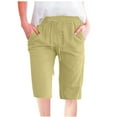 thumbnail image 1 of Busydd Womens Pants Fashion Solid Color Cotton Linen Pants Elastic Wasit Drawstring Trousers Loose Fit Knee Length Capri Pants Summer Casual Wide Leg Pants Comfy Baggy Cropped Pants with Pockets, 1 of 5