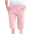 thumbnail image 1 of Busydd Womens Pants Fashion Solid Color Cotton Linen Pants Elastic Wasit Drawstring Trousers Loose Fit Knee Length Capri Pants Summer Casual Wide Leg Pants Comfy Baggy Cropped Pants with Pockets, 1 of 5