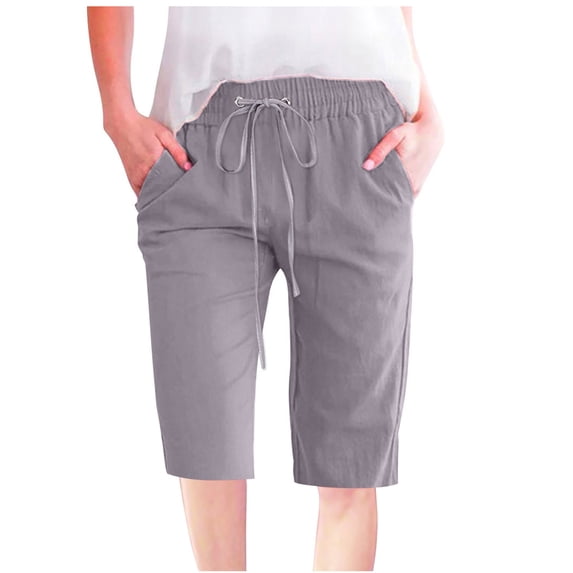 Busydd Womens Pants Fashion Solid Color Cotton Linen Pants Elastic Wasit Drawstring Trousers Loose Fit Knee Length Capri Pants Summer Casual Wide Leg Pants Comfy Baggy Cropped Pants with Pockets
