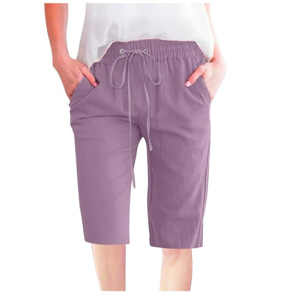 Busydd Womens Pants Fashion Solid Color Cotton Linen Pants Elastic Wasit Drawstring Trousers Loose Fit Knee Length Capri Pants Summer Casual Wide Leg Pants Comfy Baggy Cropped Pants with Pockets