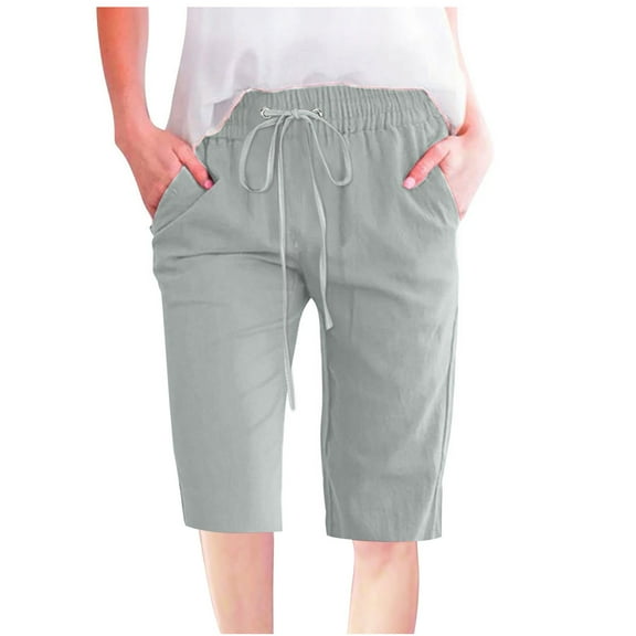 Busydd Womens Pants Fashion Solid Color Cotton Linen Pants Elastic Wasit Drawstring Trousers Loose Fit Knee Length Capri Pants Summer Casual Wide Leg Pants Comfy Baggy Cropped Pants with Pockets