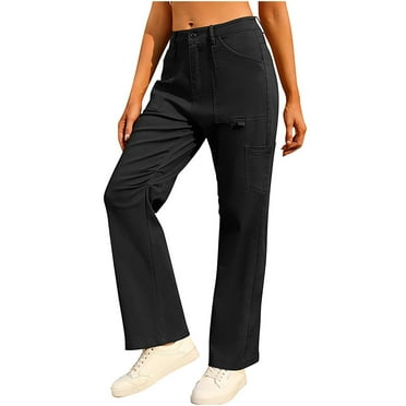 Busydd Womens Pants High Waisted Button Cargo Pants Fashion Casual Solid Color Straight Leg Pants Comfort Cotton Work Pants Baggy Hiking Pants Wide Leg Pants Trousers with Multi Pockets