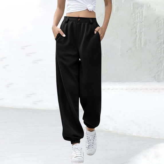 Busydd Womens Pants Solid Color Fleece Women's Sweatpants Elastic Bottom Joggers for Women Casual Stretchy Button Womens Sweat Pants with Pockets L