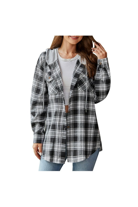 Womens Plaid Shacket Jacket Button Down Drawstring Hooded Flannel Shirts Fashion Casual Long Sleeve Shirts for Women Lightweight Loose Fall Jackets Tops with Pockets