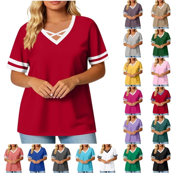 Busydd Womens Plus Size Tops S-5XL Fashion Oversized Crisscross V Neck Summer Tops Tee Casual Comfy Short Sleeve Going Out T Shirts for Women 3XL
