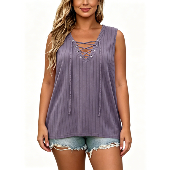 Busydd Womens Plus Size Tops Solid Color Ribbed Sleeveless Summer Tops Casual Oversized V Neck Front Lace Up Tie Tank Tops 3XL