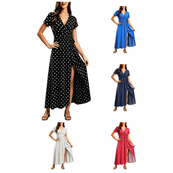 Busydd Womens Polka Dot Fall Maxi Dress Fashion Elegant V Neck Short Sleeve Long Dress Casual Flowy Slit Homecoming Dresses S