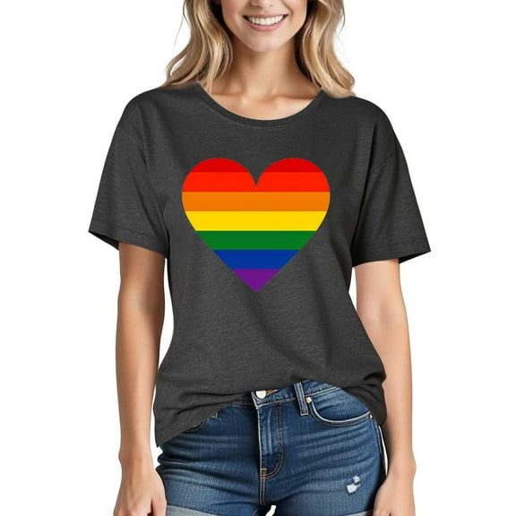 Busydd Womens Pride Shirt Fashion Love Heart Graphic Tees Casual Comfy Cotton Rainbow T Shirts for Women LGBTQ Short Sleeve Round Neck Summer Tops M