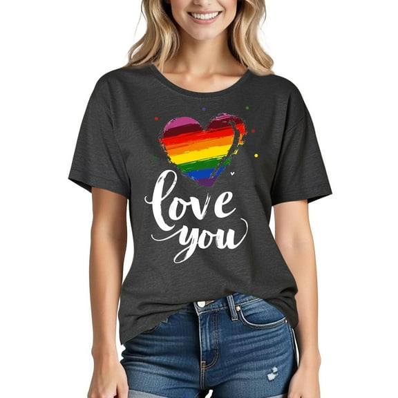 Busydd Womens Pride Shirt Fashion Love Heart Graphic Tees Casual Comfy Cotton Rainbow T Shirts for Women LGBTQ Short Sleeve Round Neck Summer Tops S