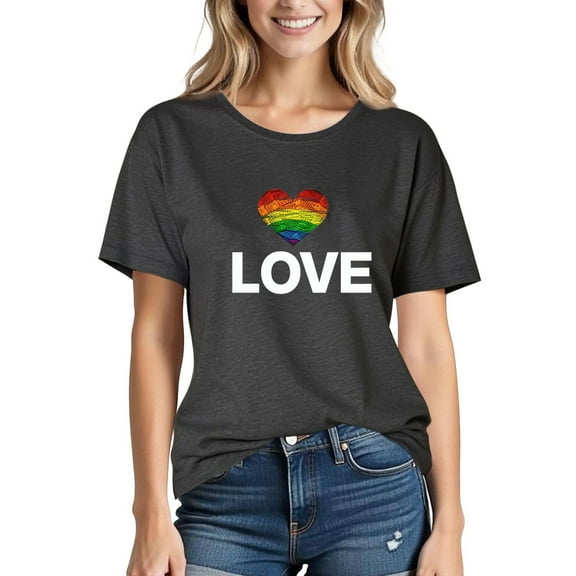 Busydd Womens Pride Shirt Fashion Love Heart Graphic Tees Casual Comfy Cotton Rainbow T Shirts for Women LGBTQ Short Sleeve Round Neck Summer Tops S