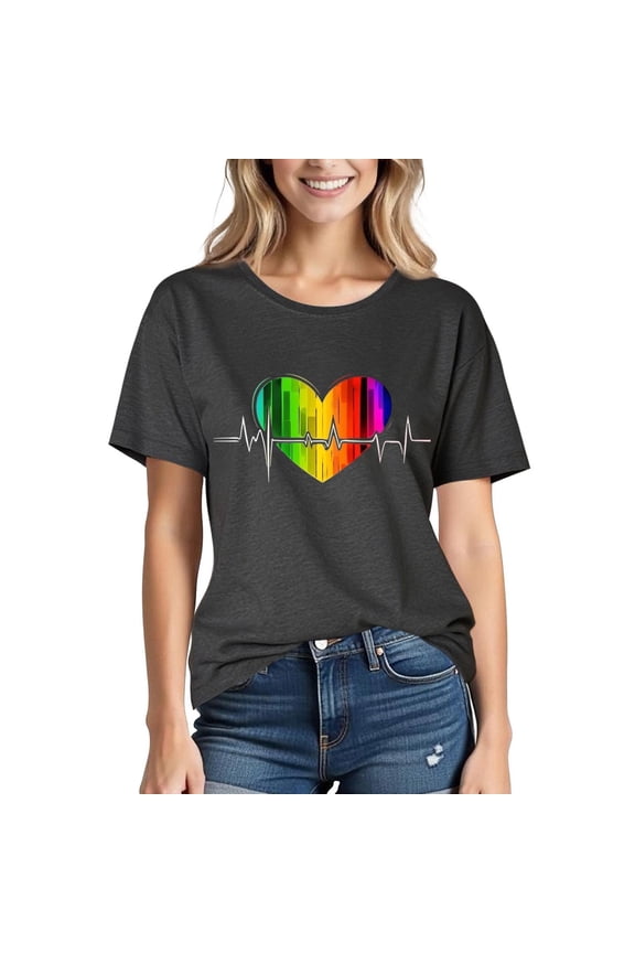 Womens Pride Shirt Love Heart Rainbow Flag Graphic Tees for Women Summer Casual Fashion Short Sleeve Round Neck Cotton T Shirts for Women XL