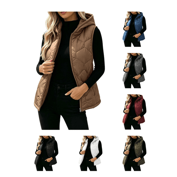 Busydd Womens Puffer Vest Comfortable Zip Up Hooded Puffy Vest Casual Solid Color Sleeveless Winter Vests with Pockets