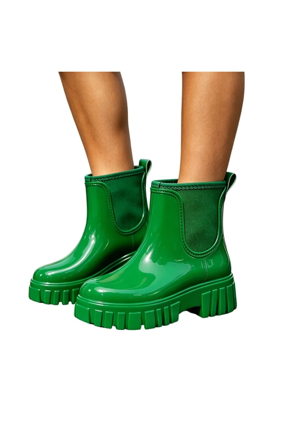 Womens Rain Boots Glossy Waterproof Ankle Rain Boots Casual Solid Color Slip on Chunky Boots 36