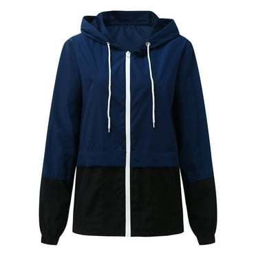 Busydd Womens Raincoat Lightweight Windproof Rain Jacket Color Block Zip Up Rain Coats with Hood and Drawstring