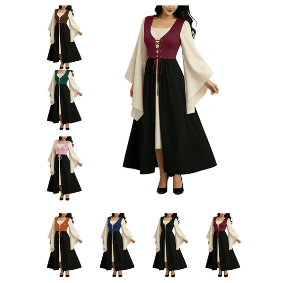 Busydd Womens Renaissance Dress Fashion Square Neck Lace Up Medieval Dress Colorblock Bell Long Sleeve Party Dress S