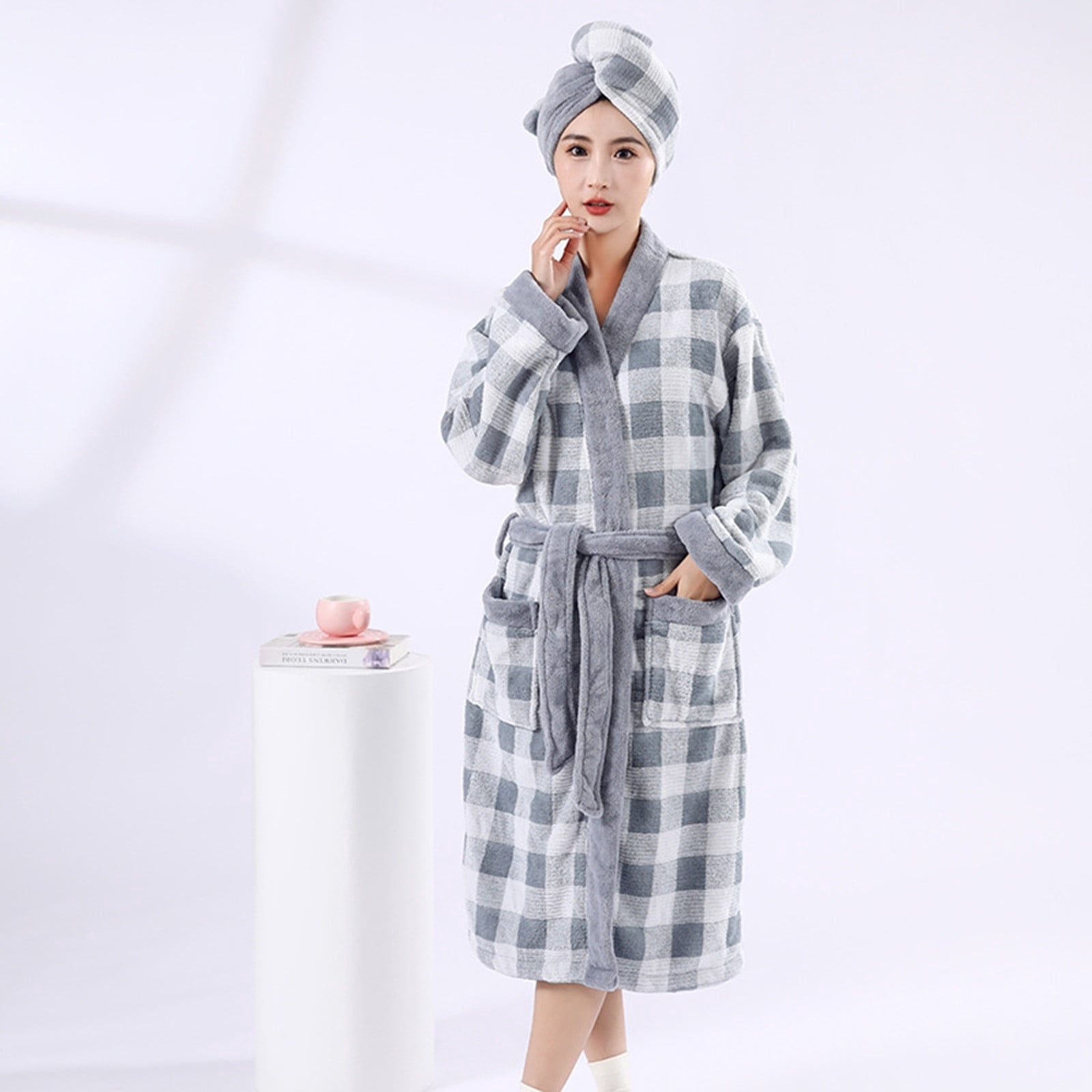 Busydd Womens Robe with Shower Cap Fashion Plaid Fleece Bathrobe for ...