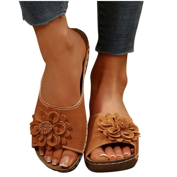 Busydd Womens Sandals Fashion Flower Wedge Sandals Casual Open Toe Summer Sandals Comfortable Outdoor Beach Sandals Slip on Slides Heel Height 4cm/1.57inches