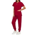 thumbnail image 1 of Busydd Womens Scrub Sets 2 Piece Solid Color Nursing Scrubs V Neck Short Sleeve Button Side Slit Scrub Tops and Elastic Bottom Drawstring Scrub Pants for Women with Pockets, 1 of 9