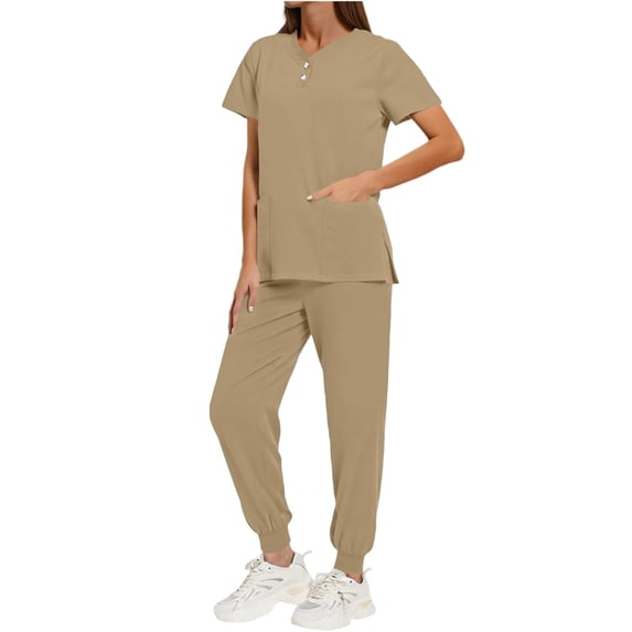 Busydd Womens Scrub Sets 2 Piece Solid Color Nursing Scrubs V Neck Short Sleeve Button Side Slit Scrub Tops and Elastic Bottom Drawstring Scrub Pants for Women with Pockets