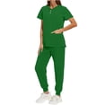 thumbnail image 1 of Busydd Womens Scrub Sets 2 Piece Solid Color Nursing Scrubs V Neck Short Sleeve Button Side Slit Scrub Tops and Elastic Bottom Drawstring Scrub Pants for Women with Pockets, 1 of 9