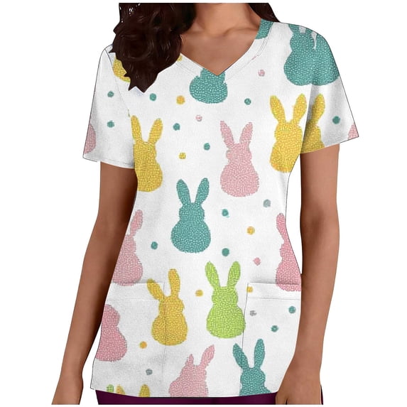 Busydd Womens Scrub Top Holiday Fashion Graphic Easter Scrub Tops V Neck Short Sleeve Nursing Scrubs for Women with Pockets